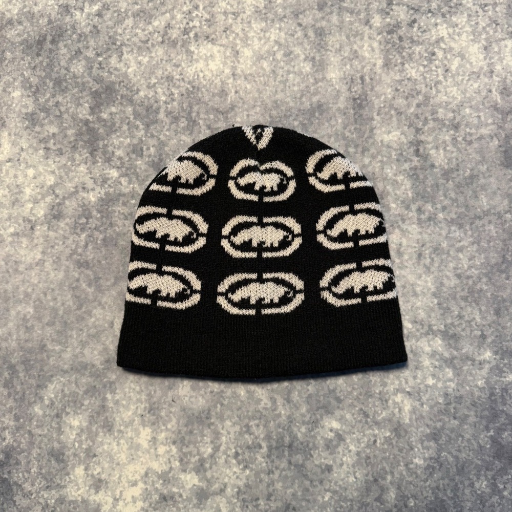 Vintage Ecko Unltd All Over Rhino Logo Knit Beanie Hat Skull Cap Black White Y2K